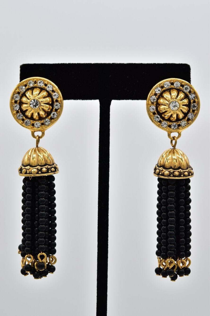 Avon Vintage Black Beaded Tassel Dangle Earrings Rhinestone Gold Signed BinAZ
